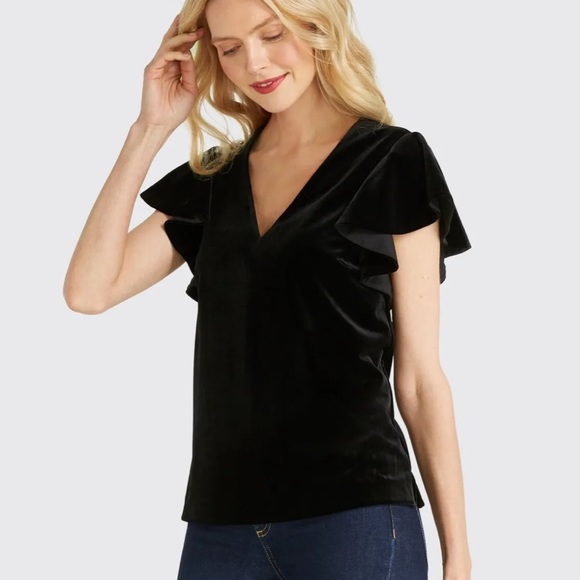 Draper James Black Velvet Flutter Sleeve Top Holiday sz 14 - Picture 1 of 8